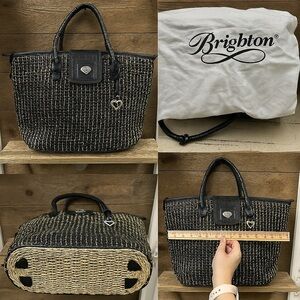 Brighton Woven Straw Tote Bag with Croc-Embossed Leather Trim & Heart Charm